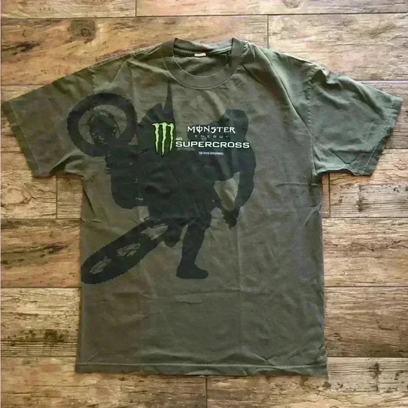 VTG Monster Supercross late 90s Y2K olive green short sleeve t-shirt best fits M - Picture 1 of 4